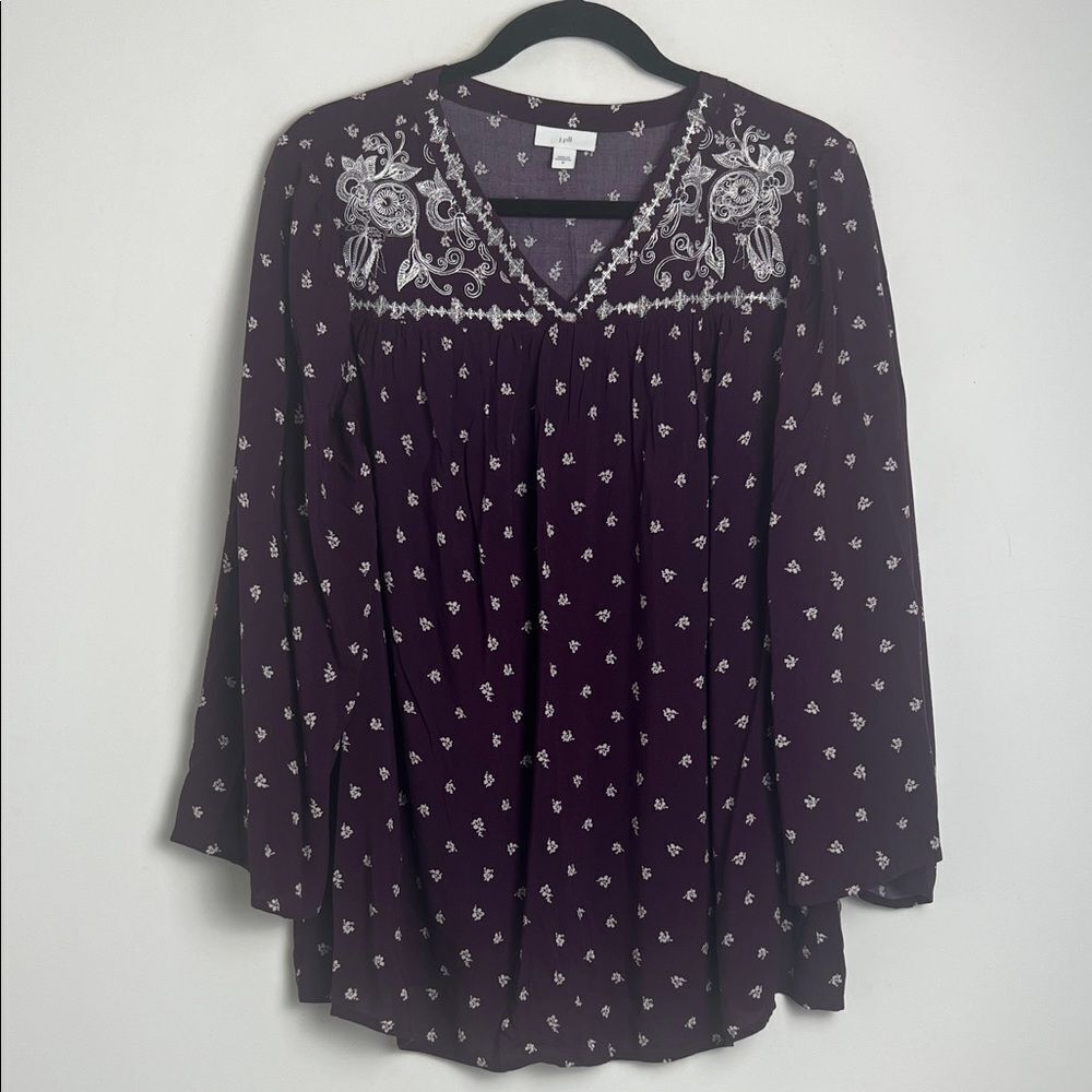 J. Jill Burgundy White‎ Ditsy Floral Embroidered Peasant Prairie Blouse Top Sz M